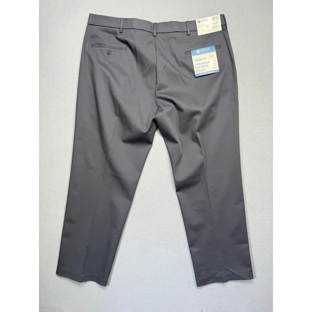 Haggar Men’s No Iron Straight-Fit Flat-Front Pants Dark GREY 40x29 $70